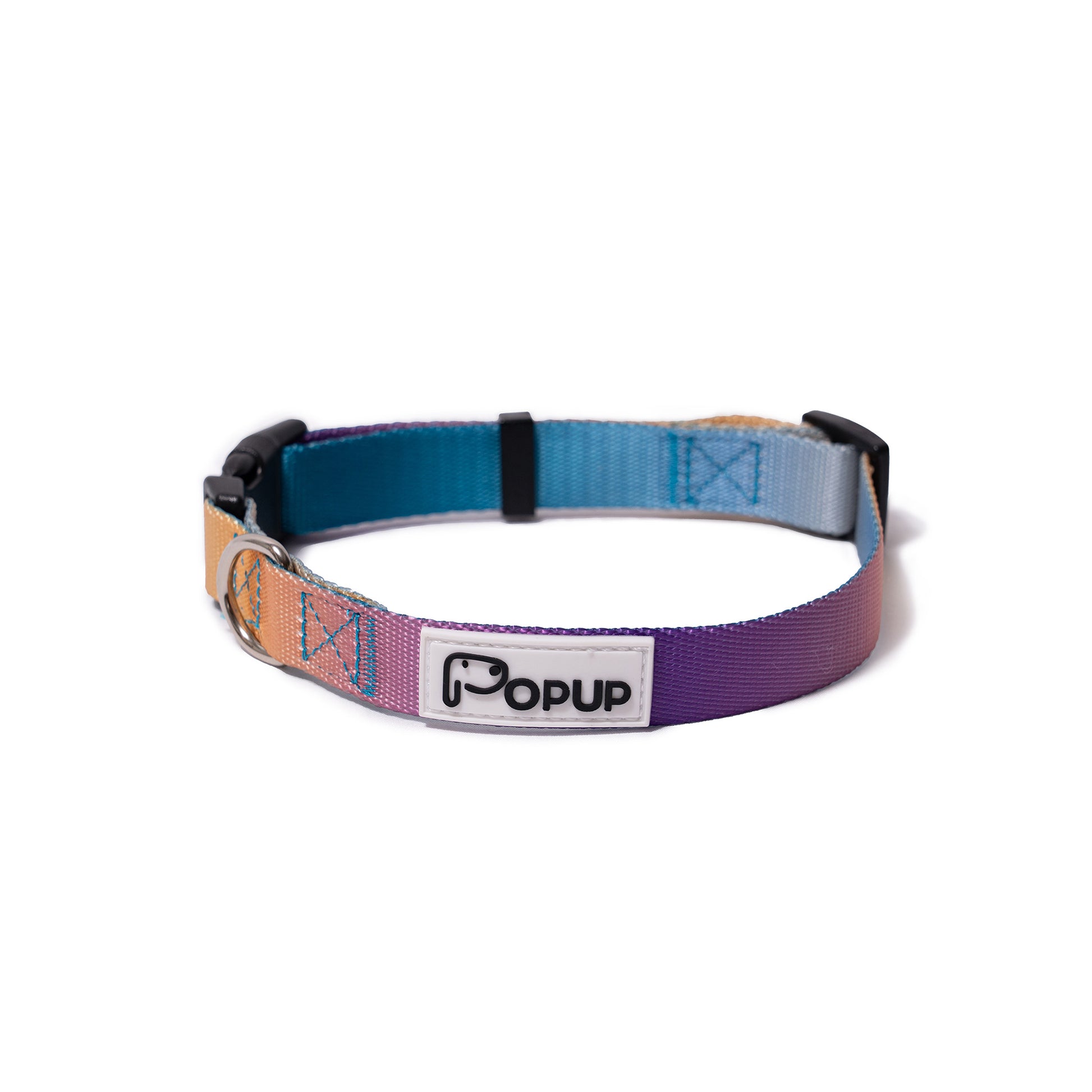 PoPupJoys AURA dog collar with aurora-inspired gradient—lightweight, adjustable, and designed for colourful everyday comfort.