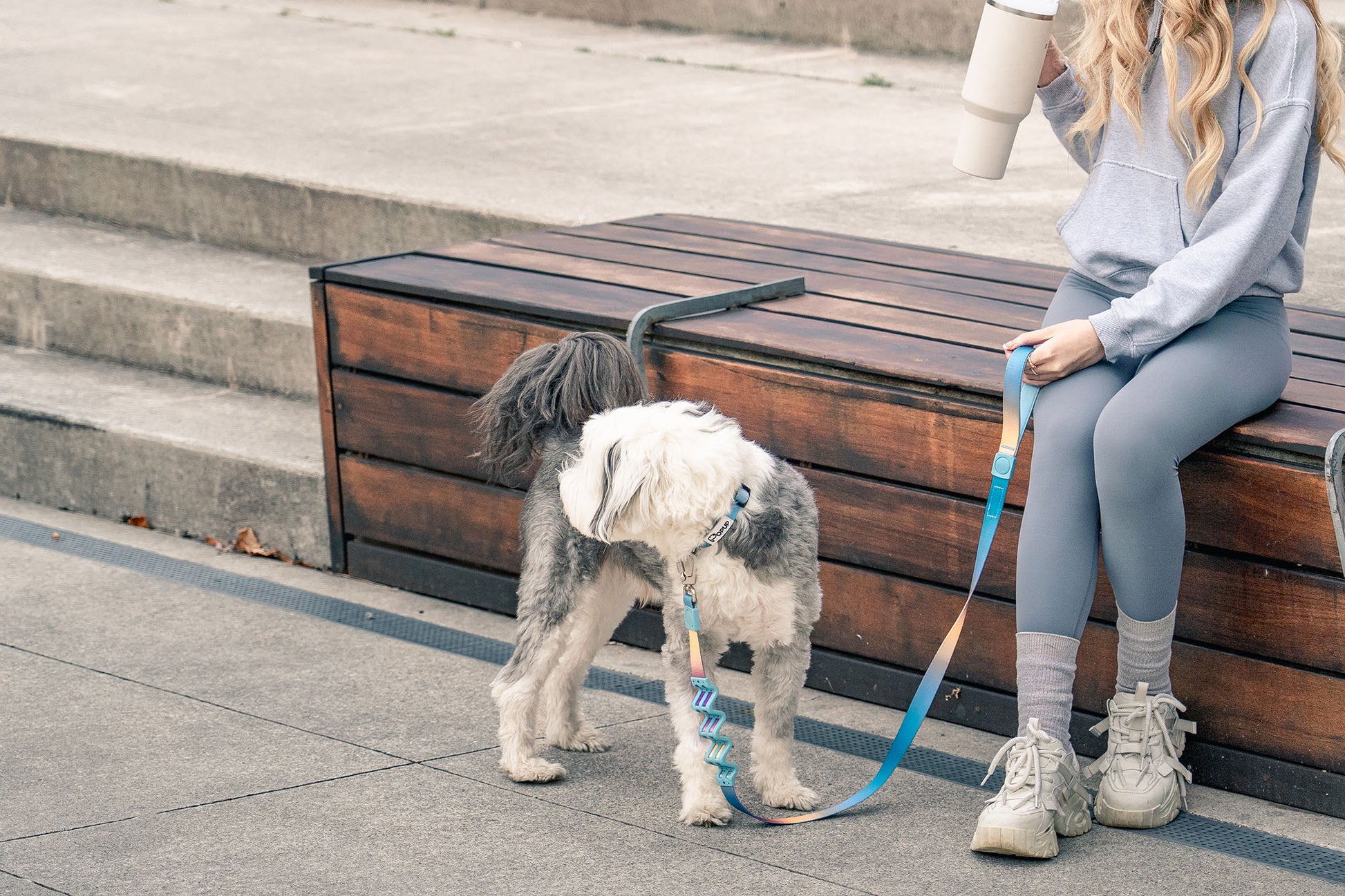 PoPupJoys AURA leash and collar in action—a matching set that combines comfort, control, and aurora-inspired style.