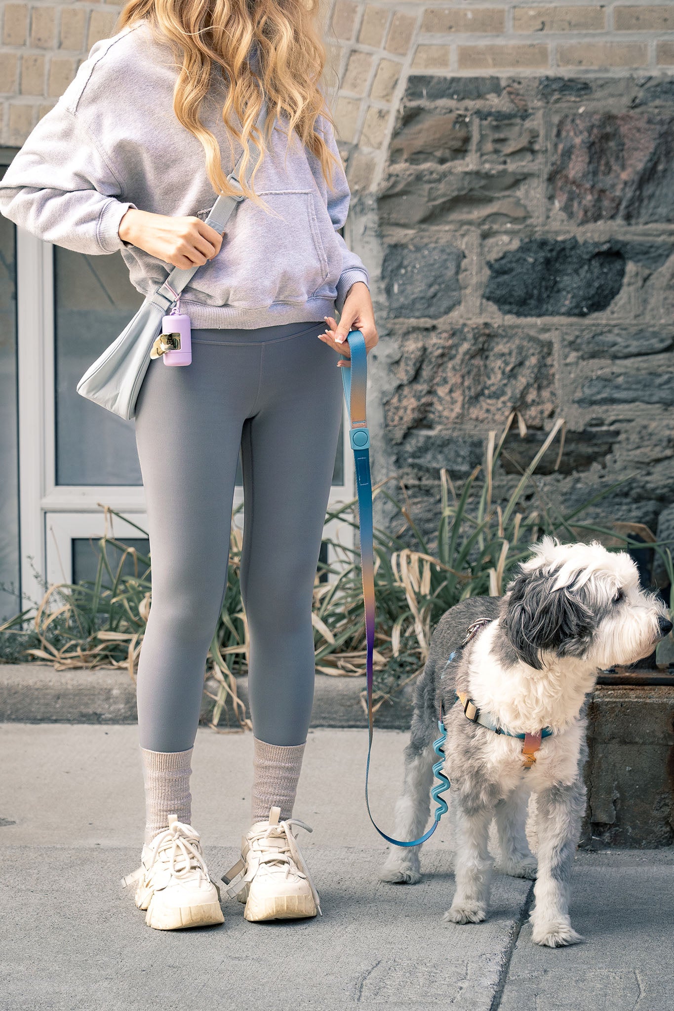 PoPupJoys AURA harness and leash in use—designed for a snug fit, gentle control, and color-matched walking comfort.
