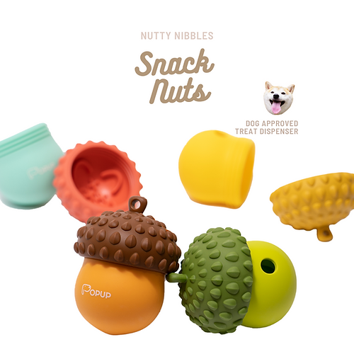 POPUPJOYS acorn-shaped dog treat dispenser toy with textured silicone design and removable lid