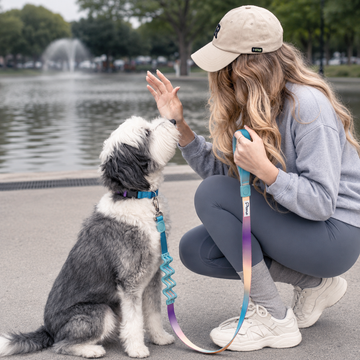 Woman training fluffy black and white dog with colorful dog leash 