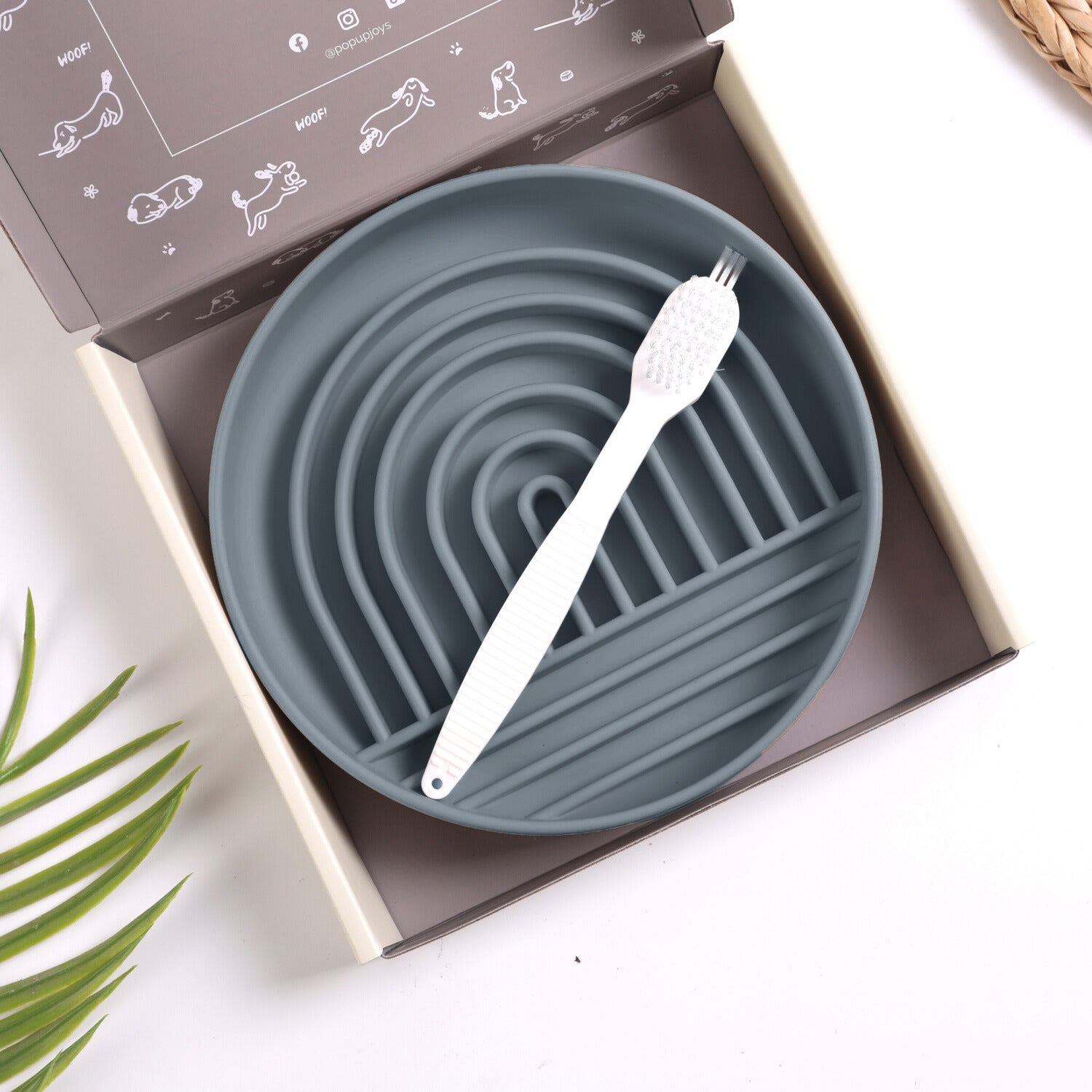 Charcoal silicone slow feeder dog bowl with cleaning brush in branded gift box