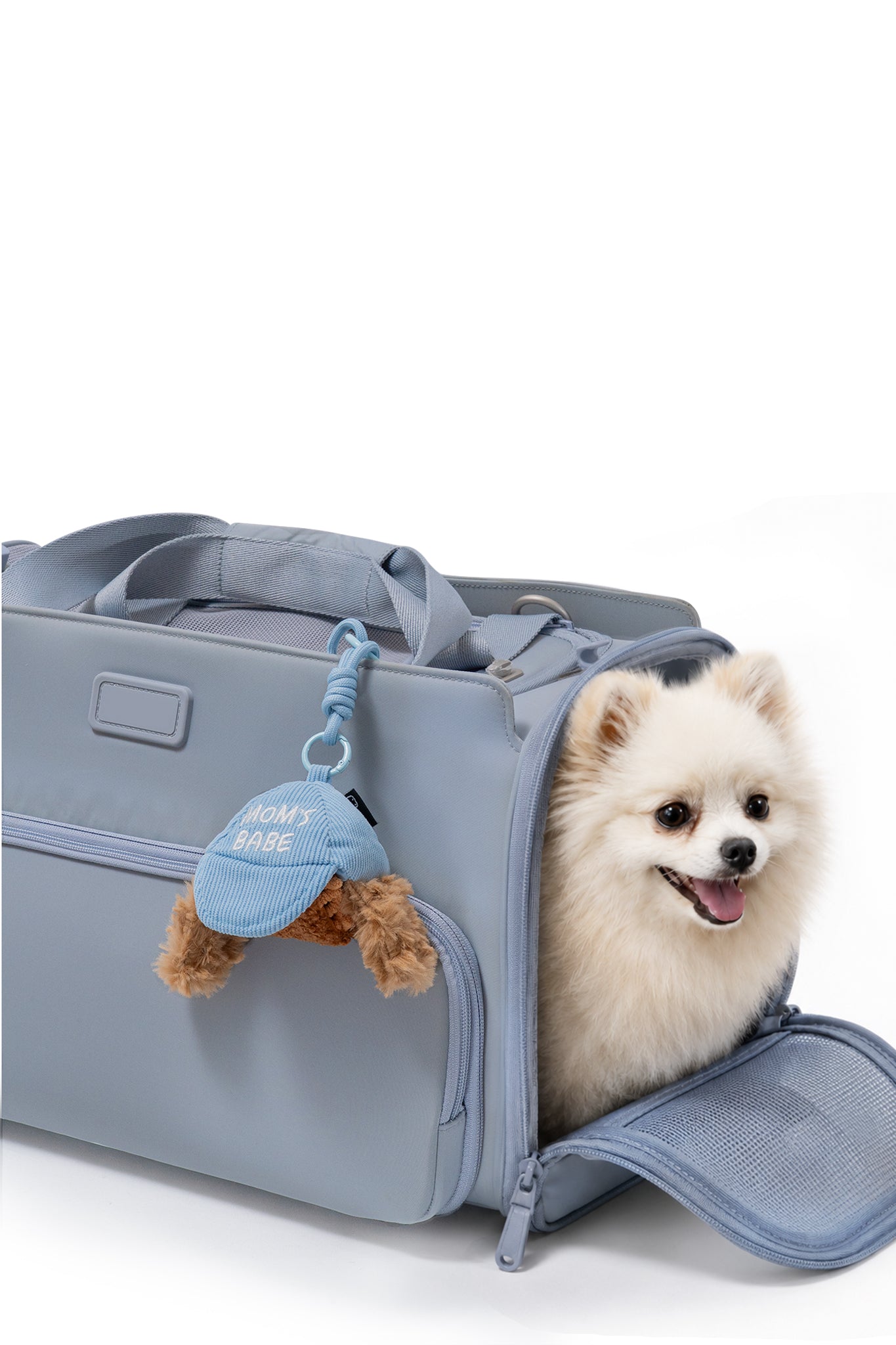 CLIK Pup Charm attached to a pet carrier beside a small dog, ready for calm enrichment while traveling.