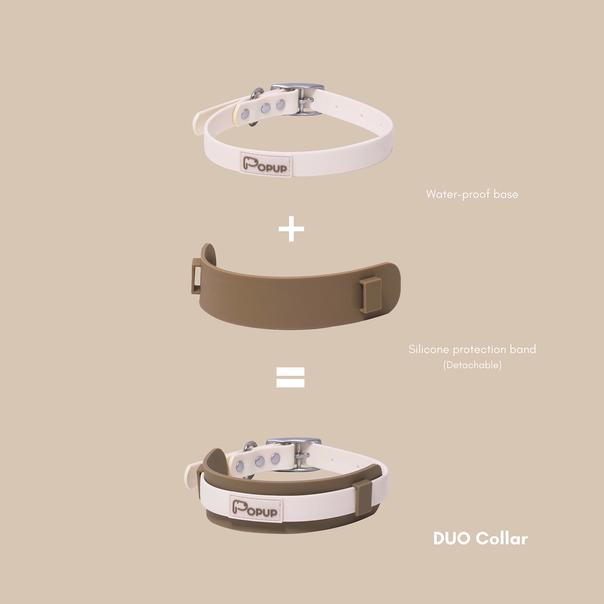 Exploded view of waterproof dog collar with detachable silicone neck guard showing dual-layer design