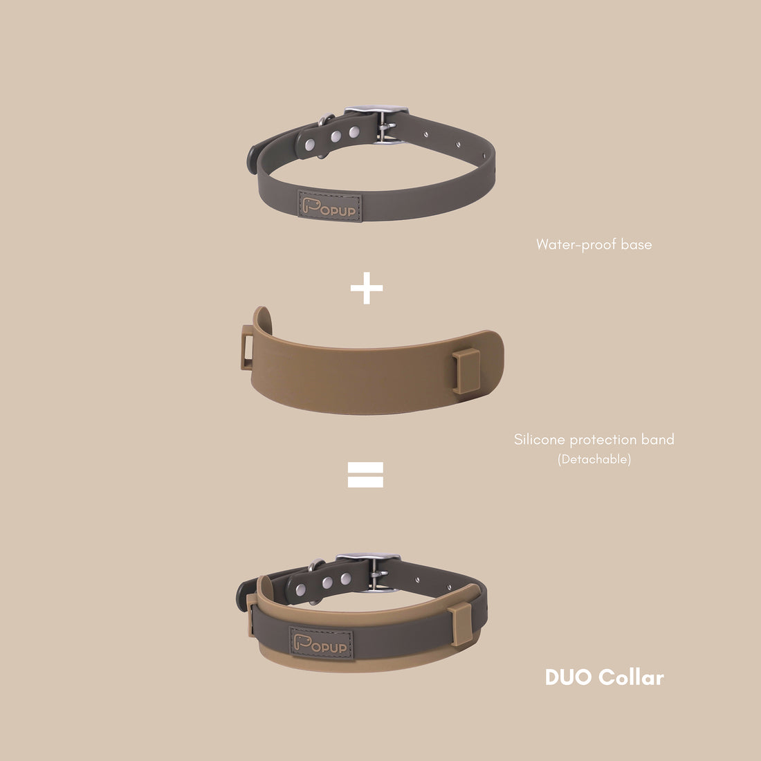 White bull terrier wearing PoPupJoys DUO collar with wide silicone neck guard on beige background