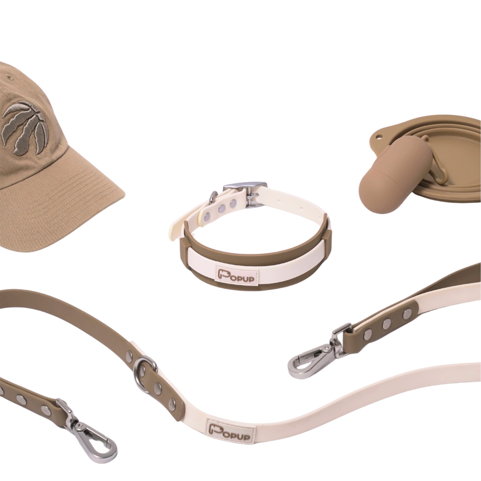 Flat lay of matching dog collar, leash, and accessories set in neutral tones