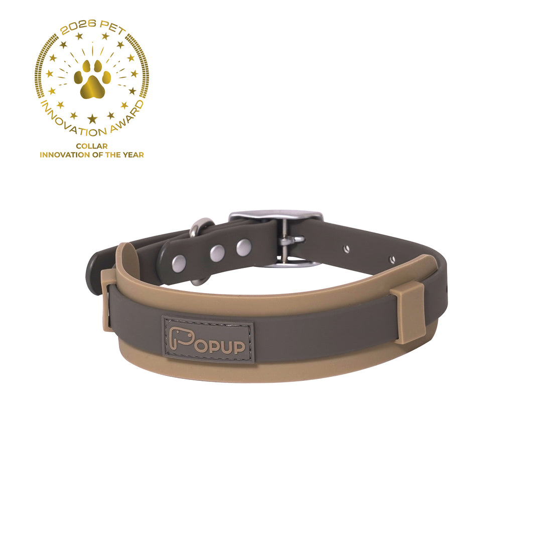 White bull terrier wearing PoPupJoys DUO collar with wide silicone neck guard on beige background, a 2026 pet innovation award product