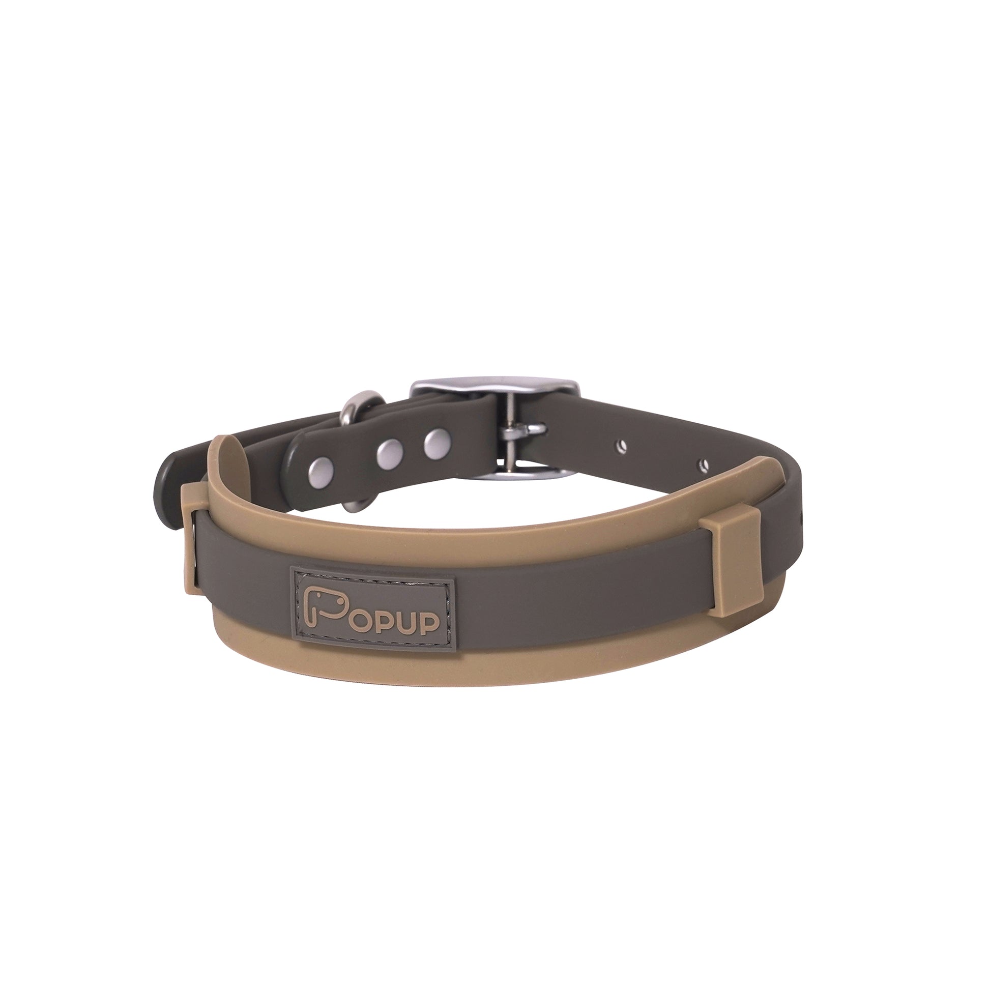 PoPupJoys DUO premium waterproof dog collar in taupe and charcoal with wide silicone protection band