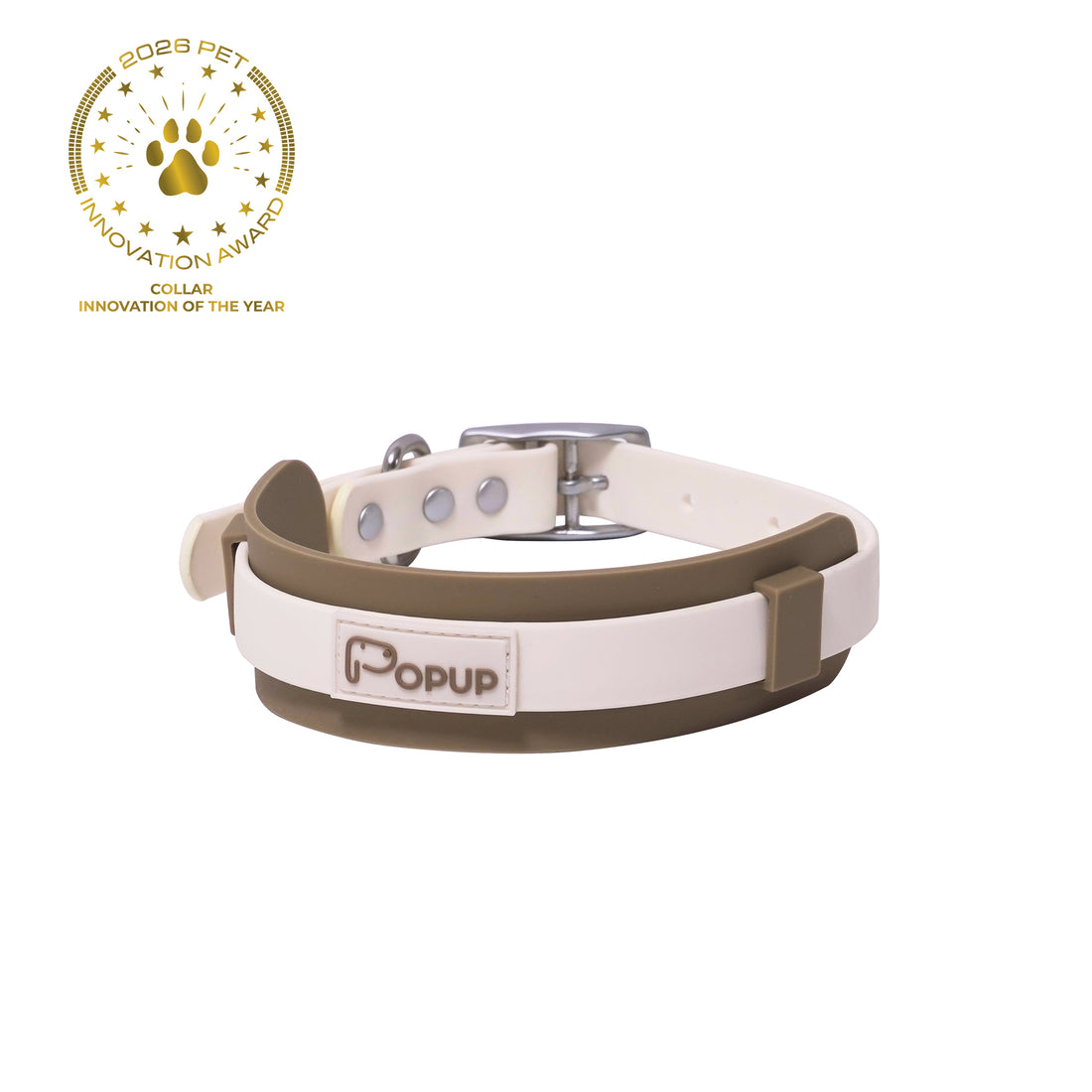 White bull terrier wearing PoPupJoys DUO collar with wide silicone neck guard on beige background, a 2026 pet innovation award product