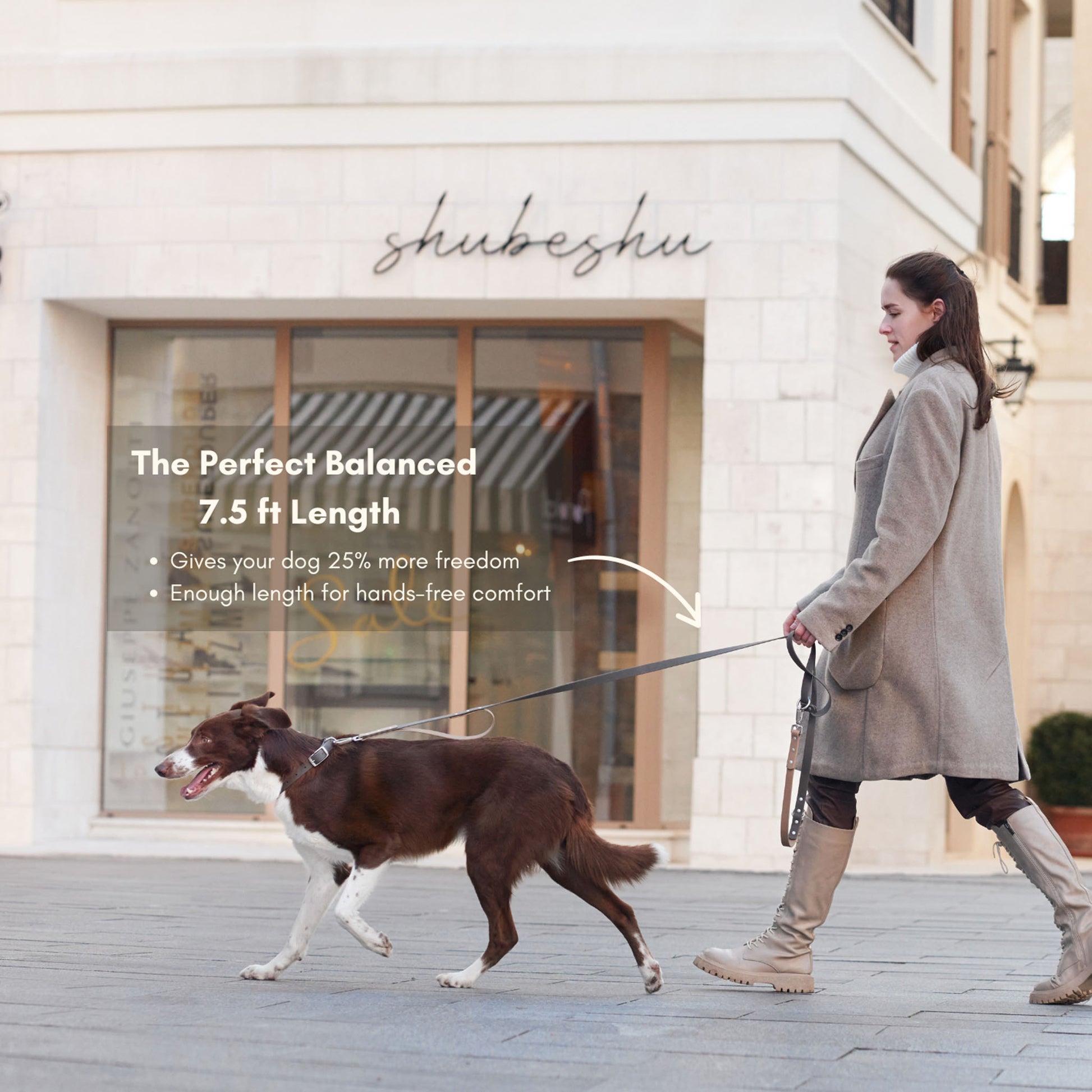 Woman walking dog with DUO Premium 7.5 ft waterproof training leash in city setting