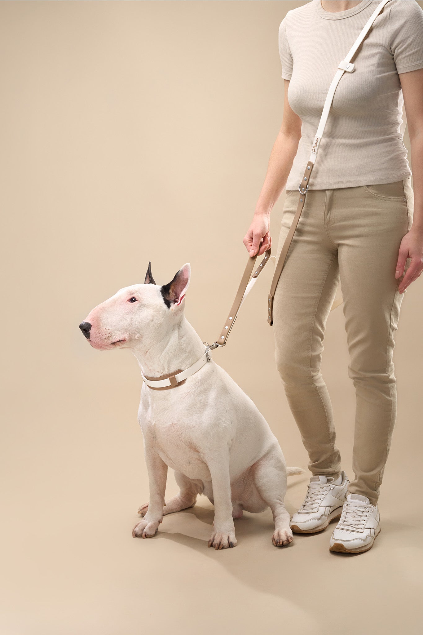 Woman using DUO Premium crossbody leash with large white dog for controlled walking