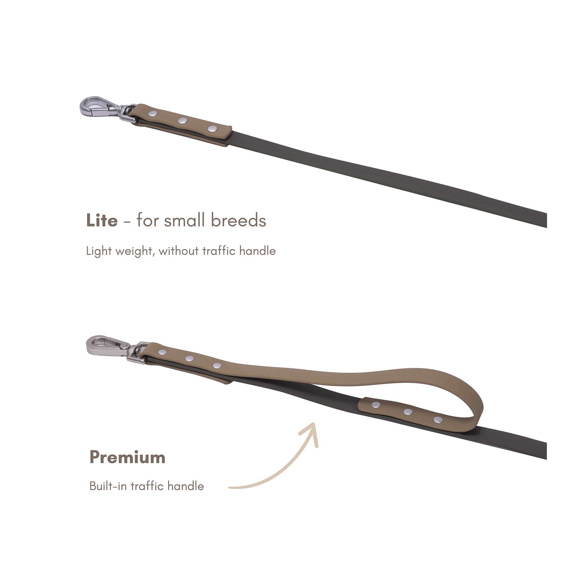 Comparison graphic showing DUO Lite leash and DUO Premium leash with built-in traffic handle