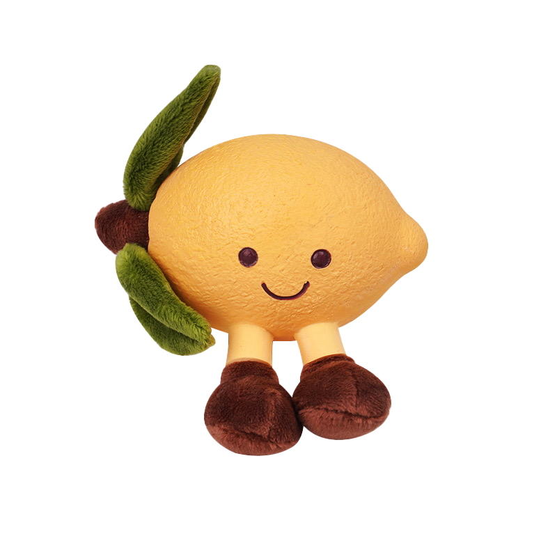Fruity Fun lemon dog chew toy with soft plush leaves and natural latex core