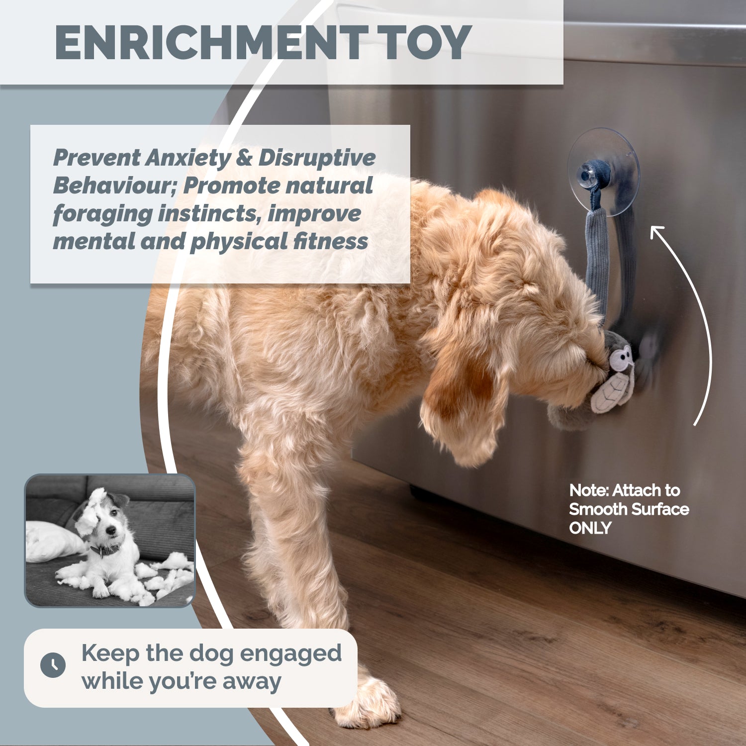 Dog interacting with detachable suction toy from elephant snuffle mat for enrichment when home alone