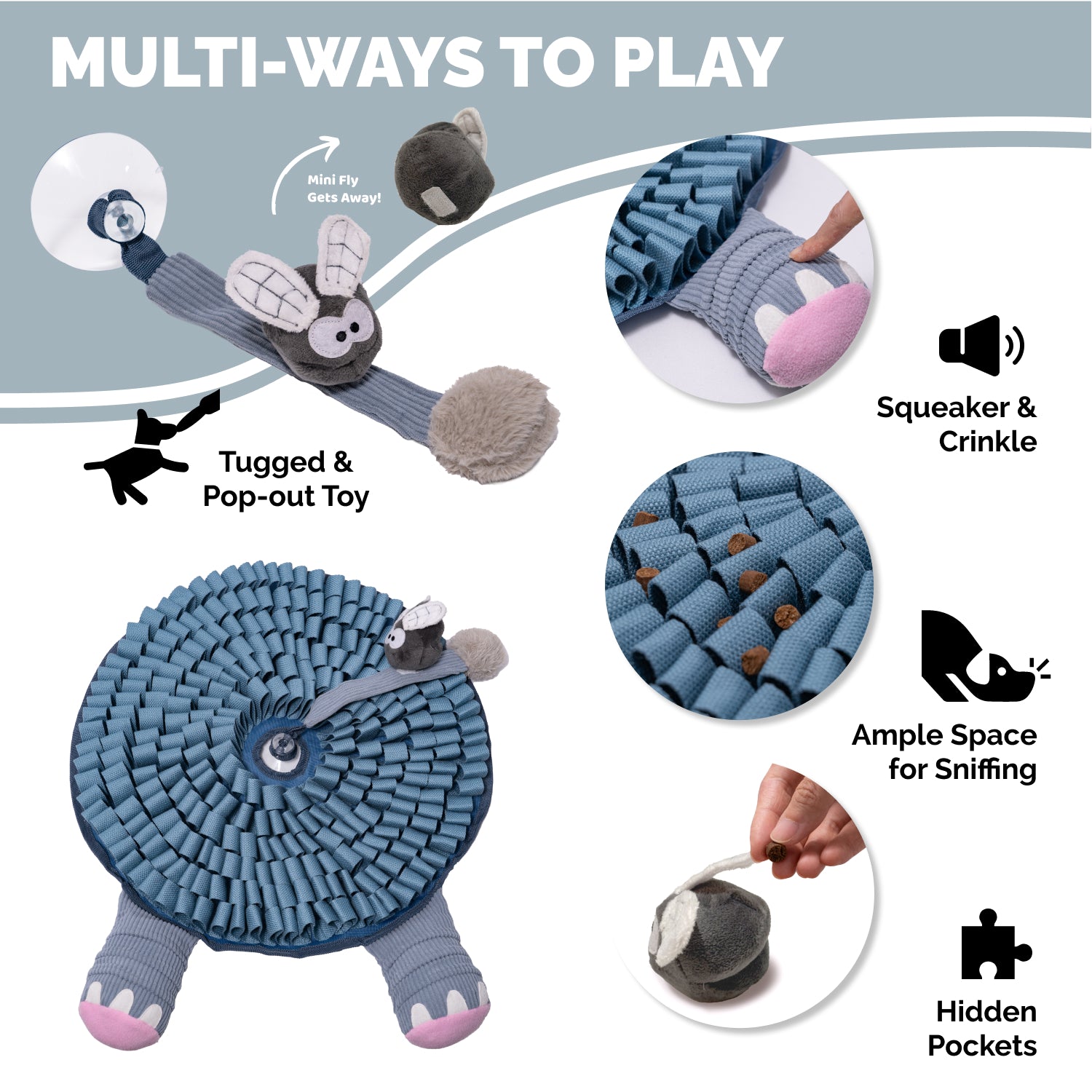 Elephant snuffle mat showing hidden treat pockets squeaker legs crinkle textures and pop-out toy