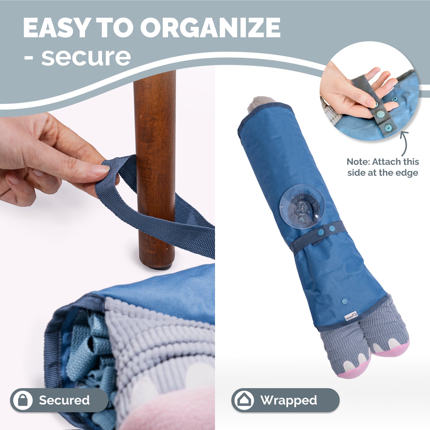 Elephant snuffle mat rolled up and secured with straps for compact storage or travel