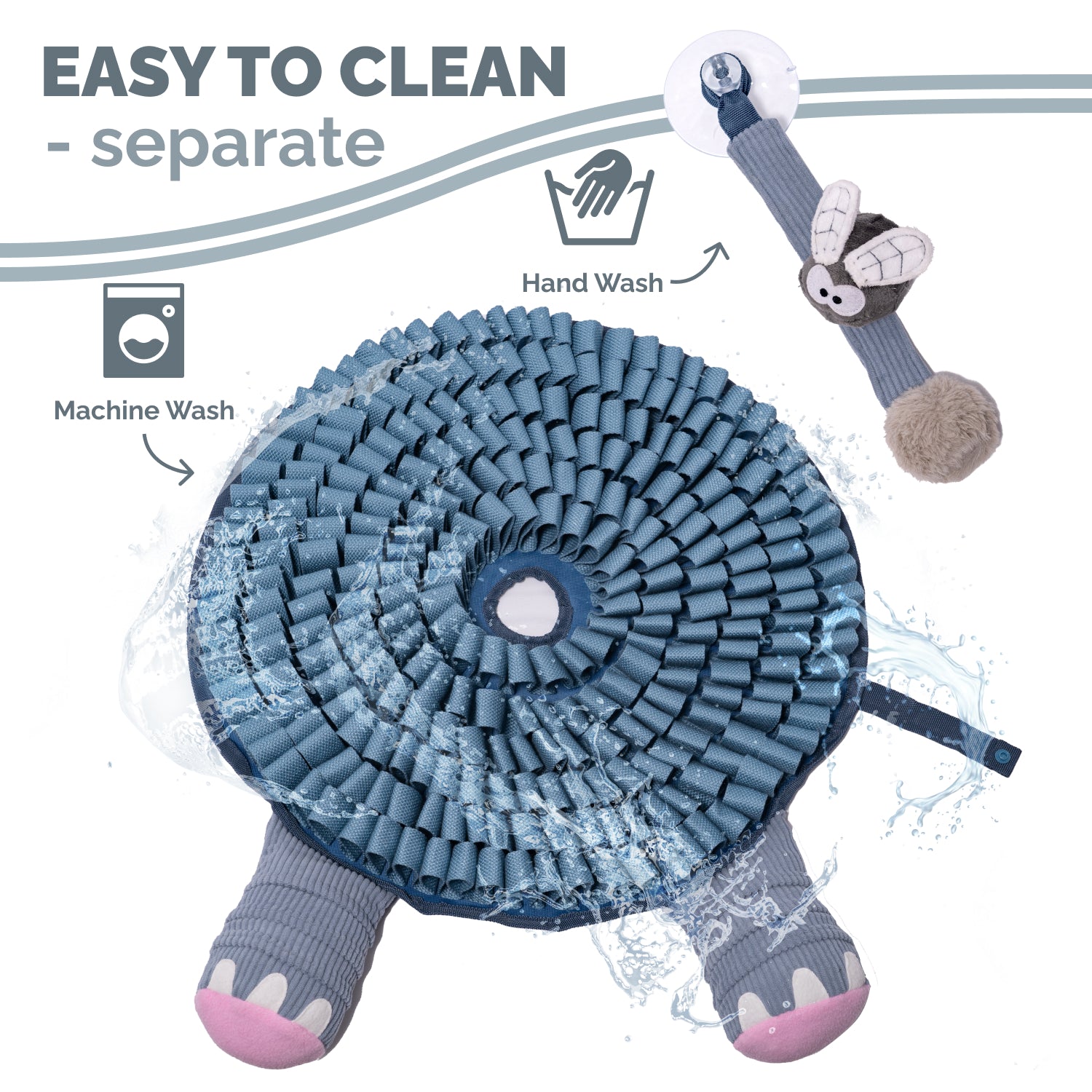 Blue elephant dog snuffle mat being rinsed with water showing washable enrichment toy design