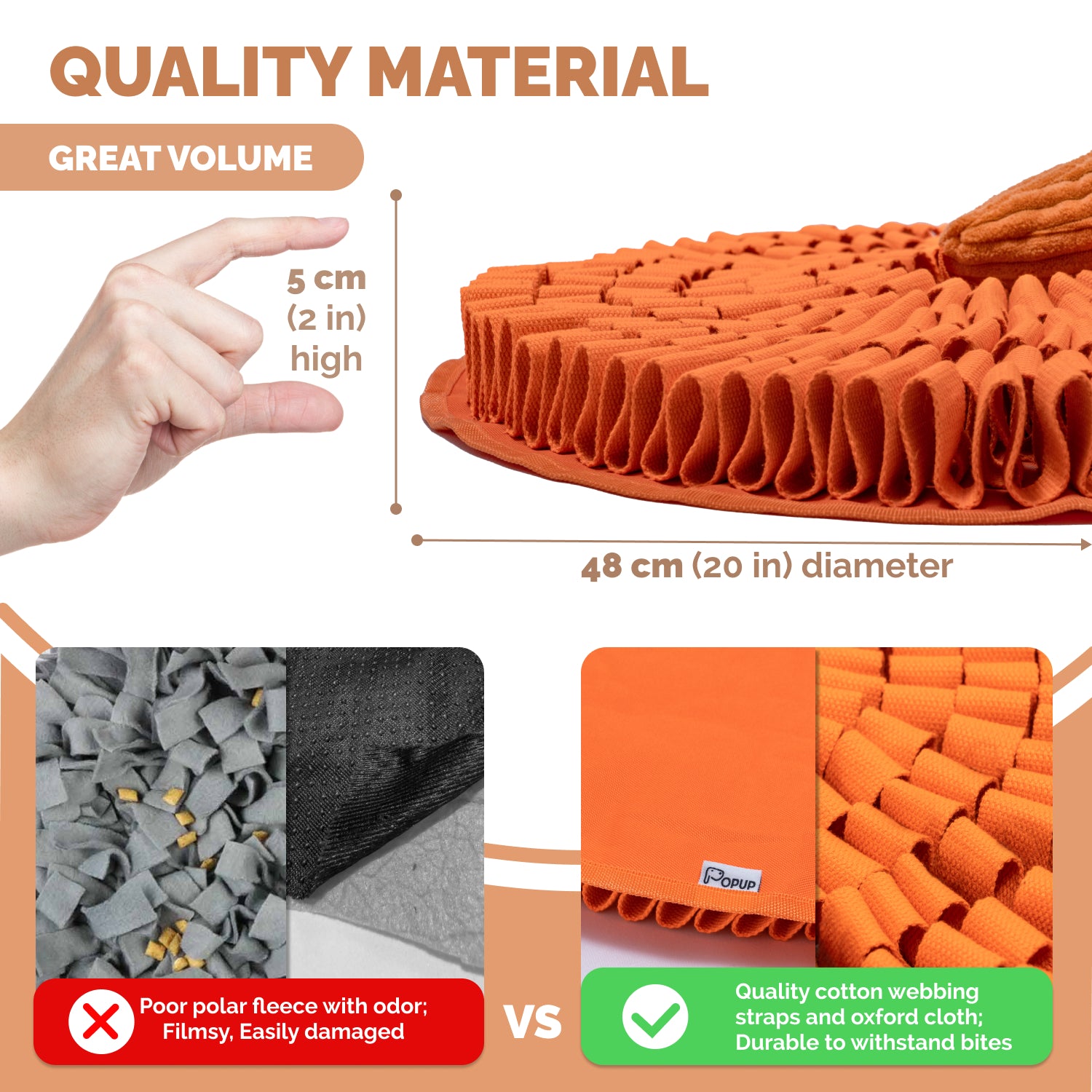 Durable layered fabric fox snuffle mat with multiple treat pockets showing size and sturdy construction