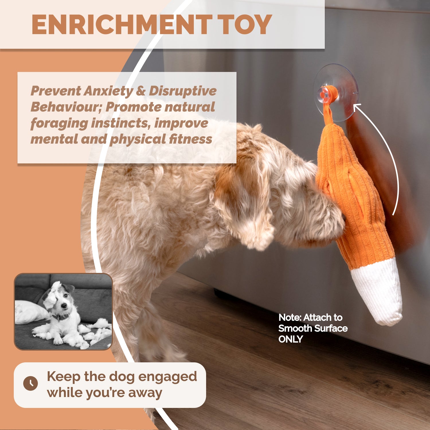 Dog interacting with detachable suction toy from fox snuffle mat for enrichment while home alone