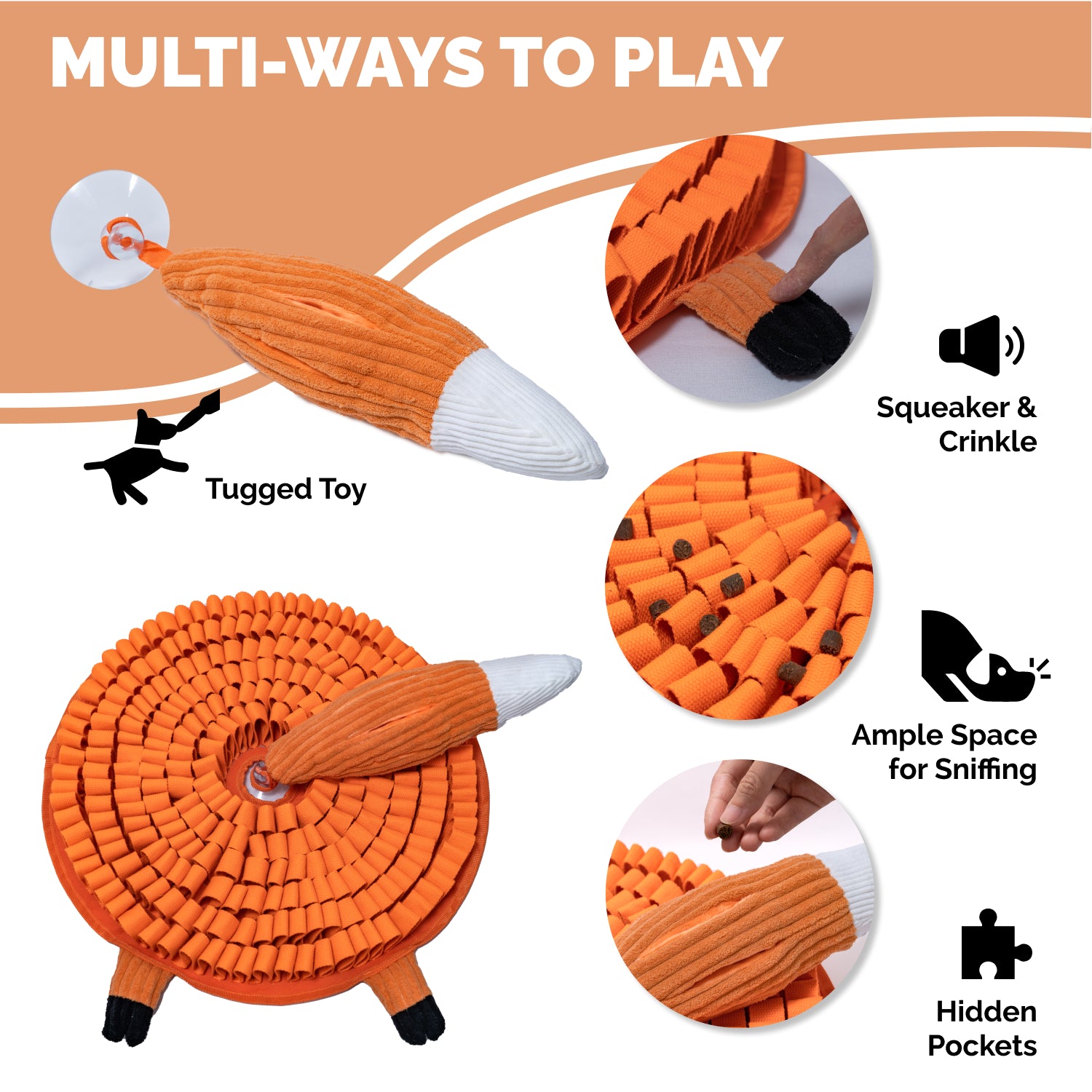 Fox snuffle mat showing hidden treat pockets squeaker legs crinkle textures and pop out tug toy
