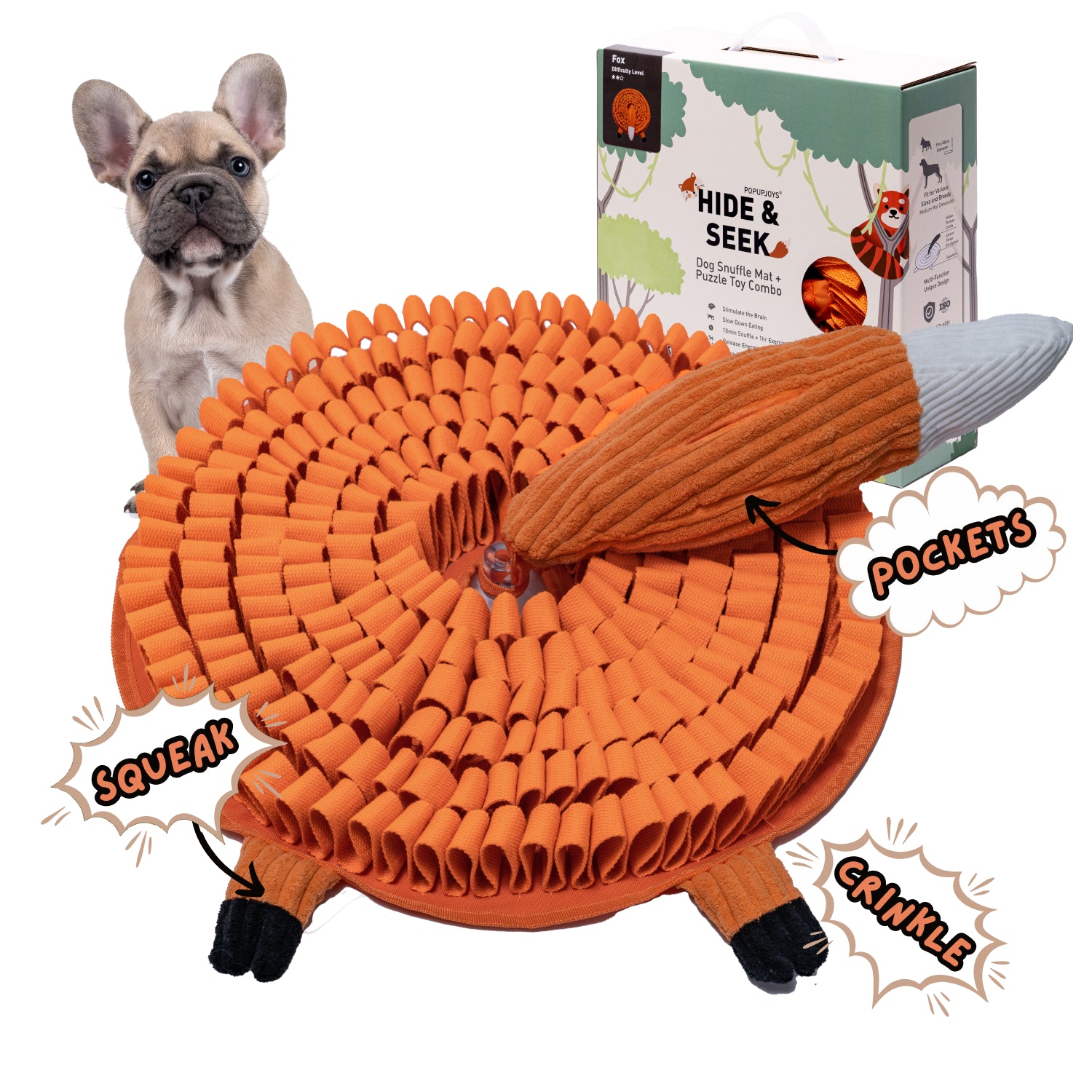 Orange fox Hide and Seek snuffle mat with treat pockets squeaker legs and packaging beside small dog