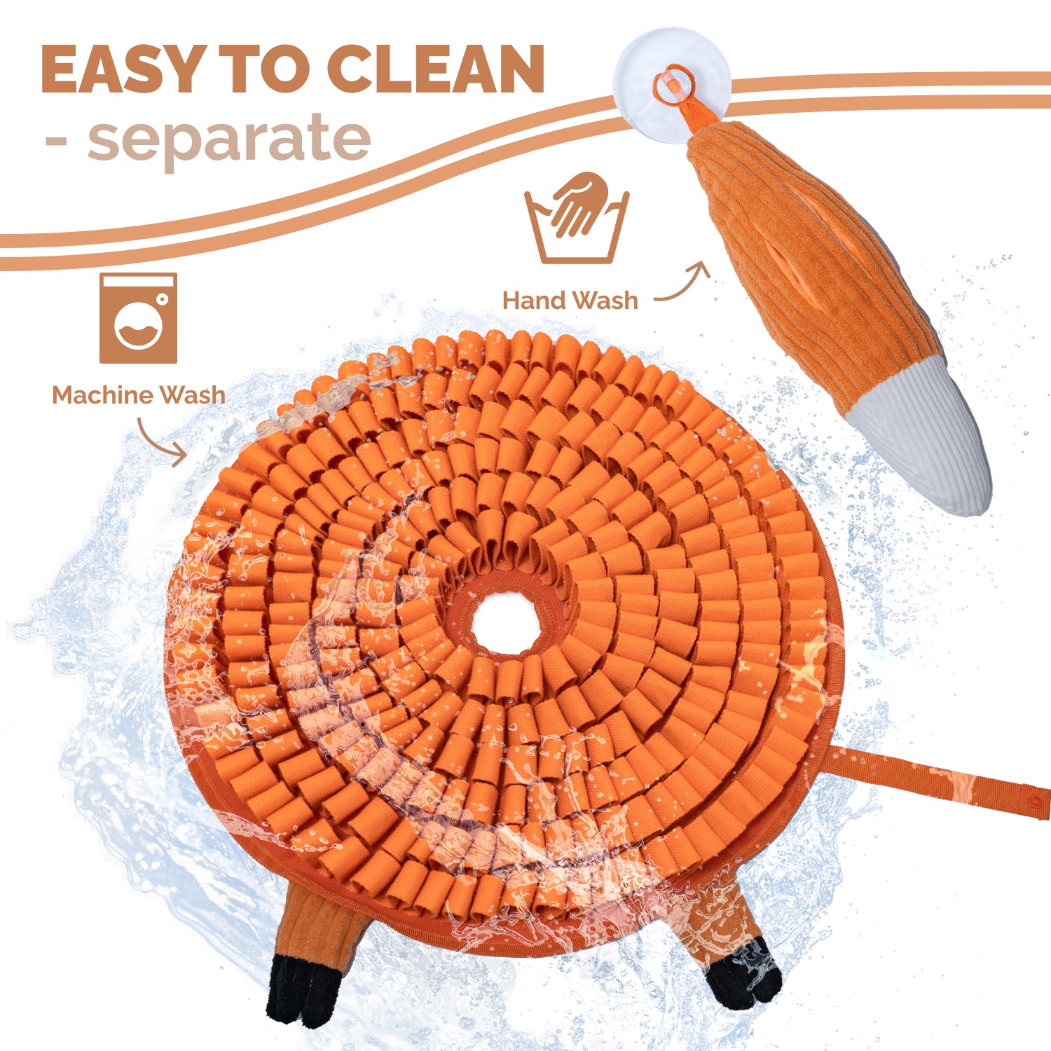 Fox dog snuffle mat being rinsed with water showing washable enrichment toy design