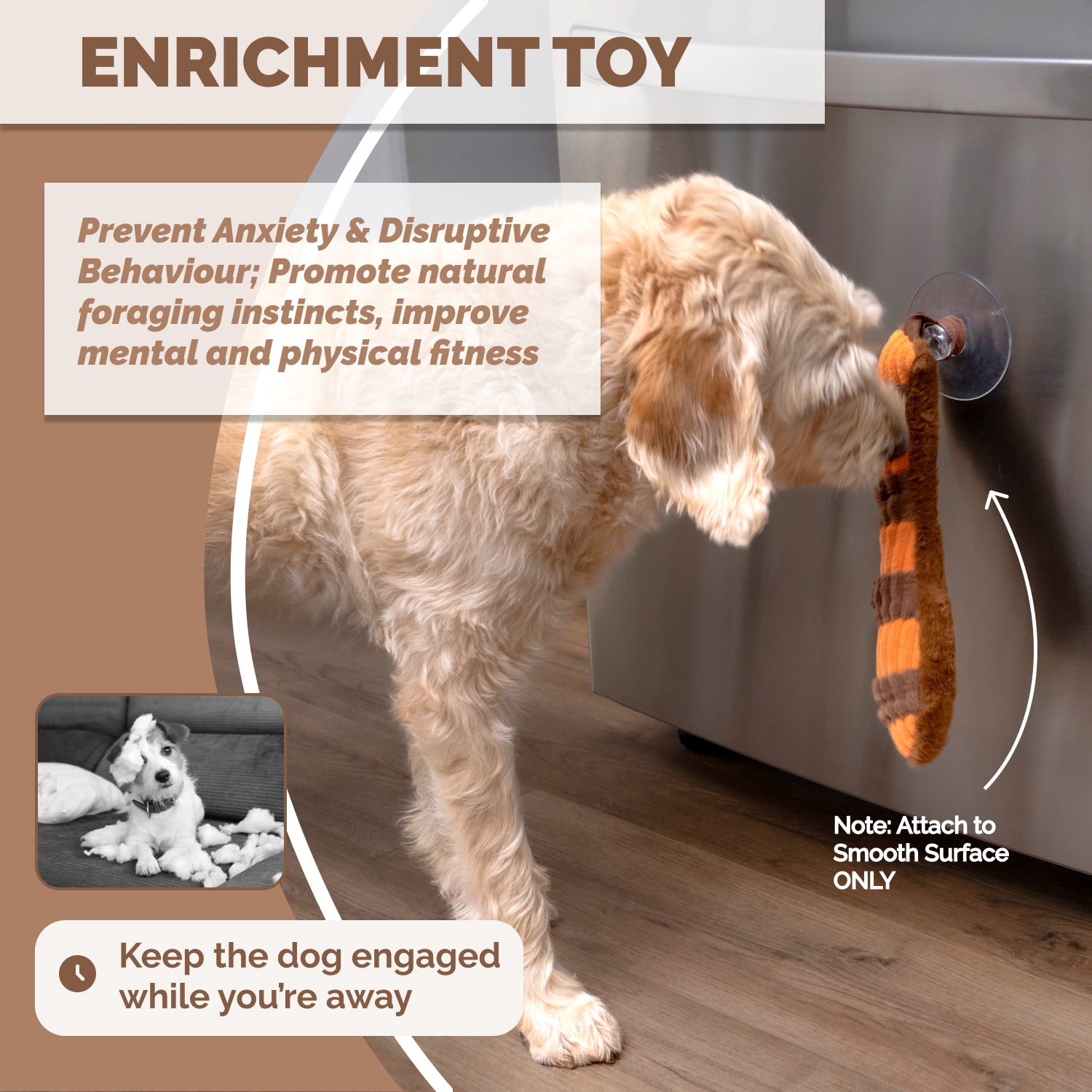 Dog interacting with detachable suction toy from red panda snuffle mat for enrichment while home alone