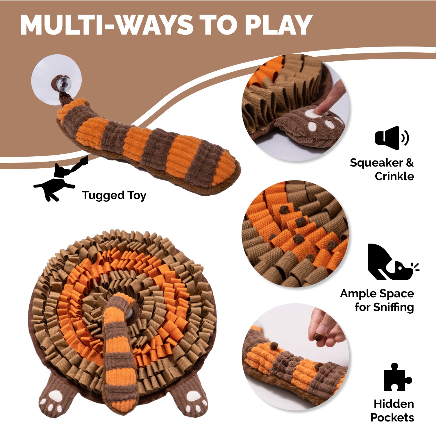 Red panda snuffle mat showing hidden treat pockets squeaker legs crinkle textures and pop-out tug toy