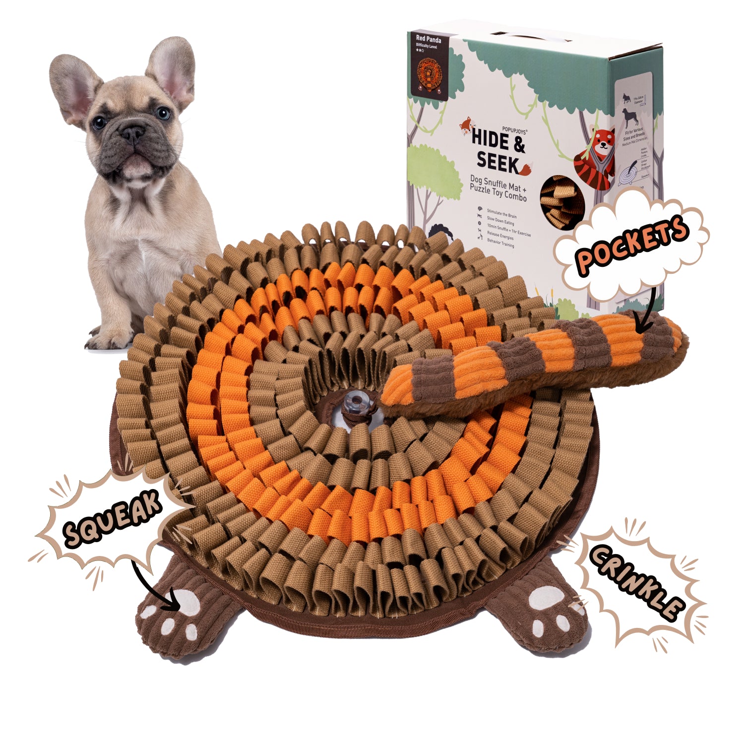 Red panda Hide and Seek snuffle mat with treat pockets squeaker legs and packaging beside a small dog