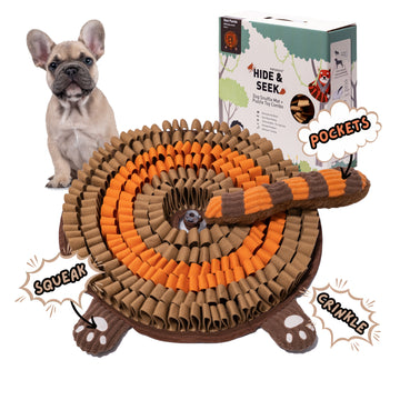 Red panda Hide and Seek snuffle mat with treat pockets squeaker legs and packaging beside a small dog