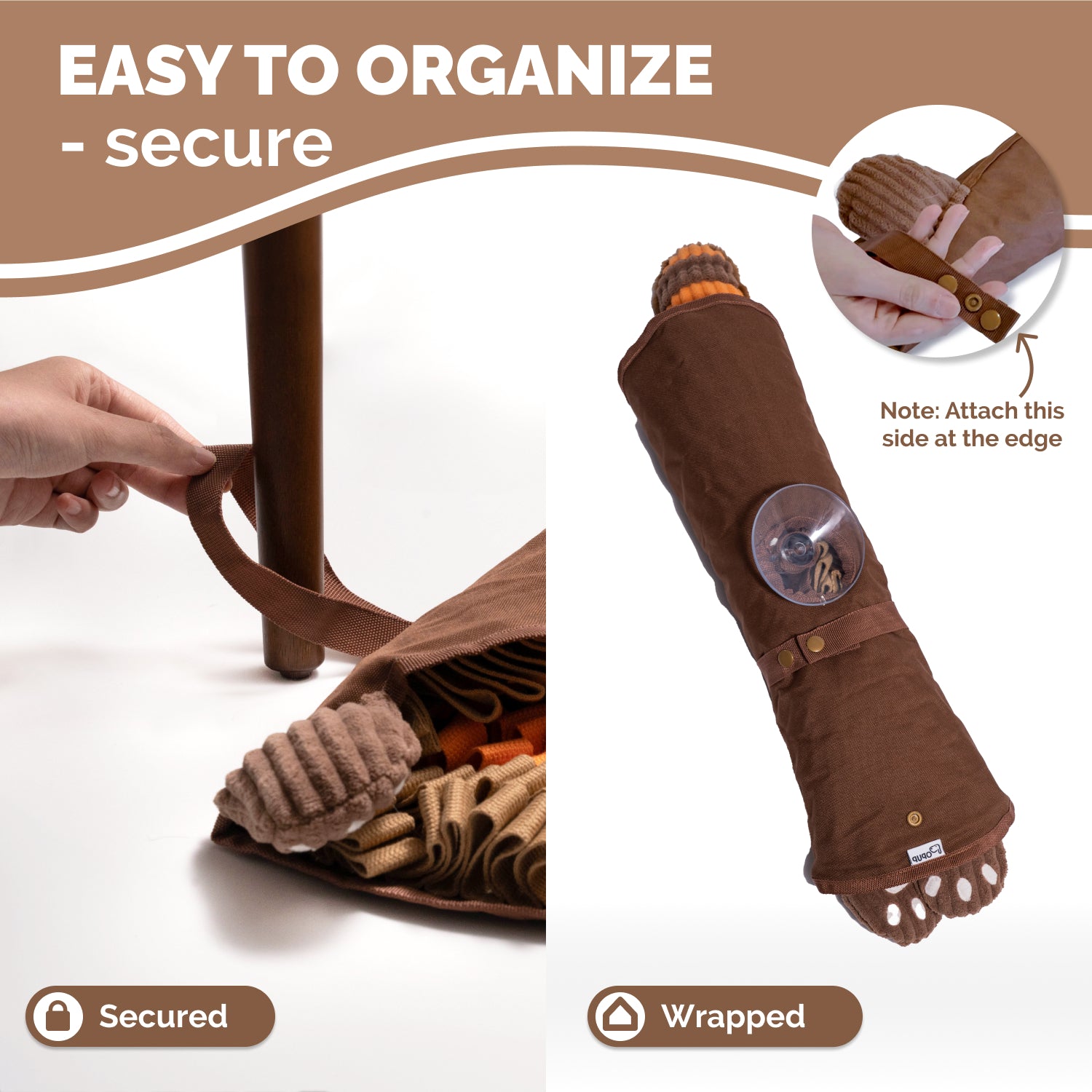 Red panda snuffle mat rolled up and secured with straps for compact storage or travel