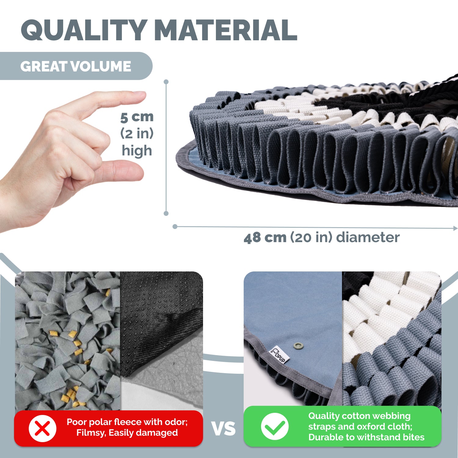 Durable layered fabric skunk snuffle mat with multiple treat pockets showing size and sturdy construction