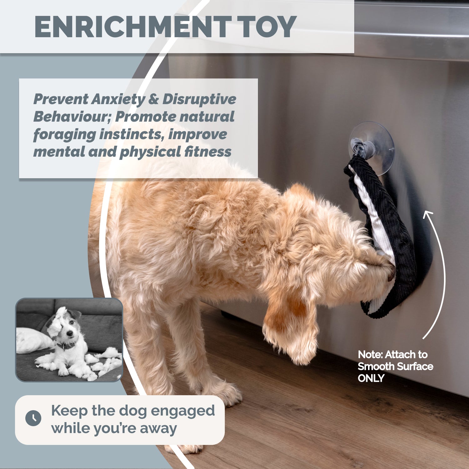 Dog interacting with detachable suction toy from skunk snuffle mat for enrichment while home alone