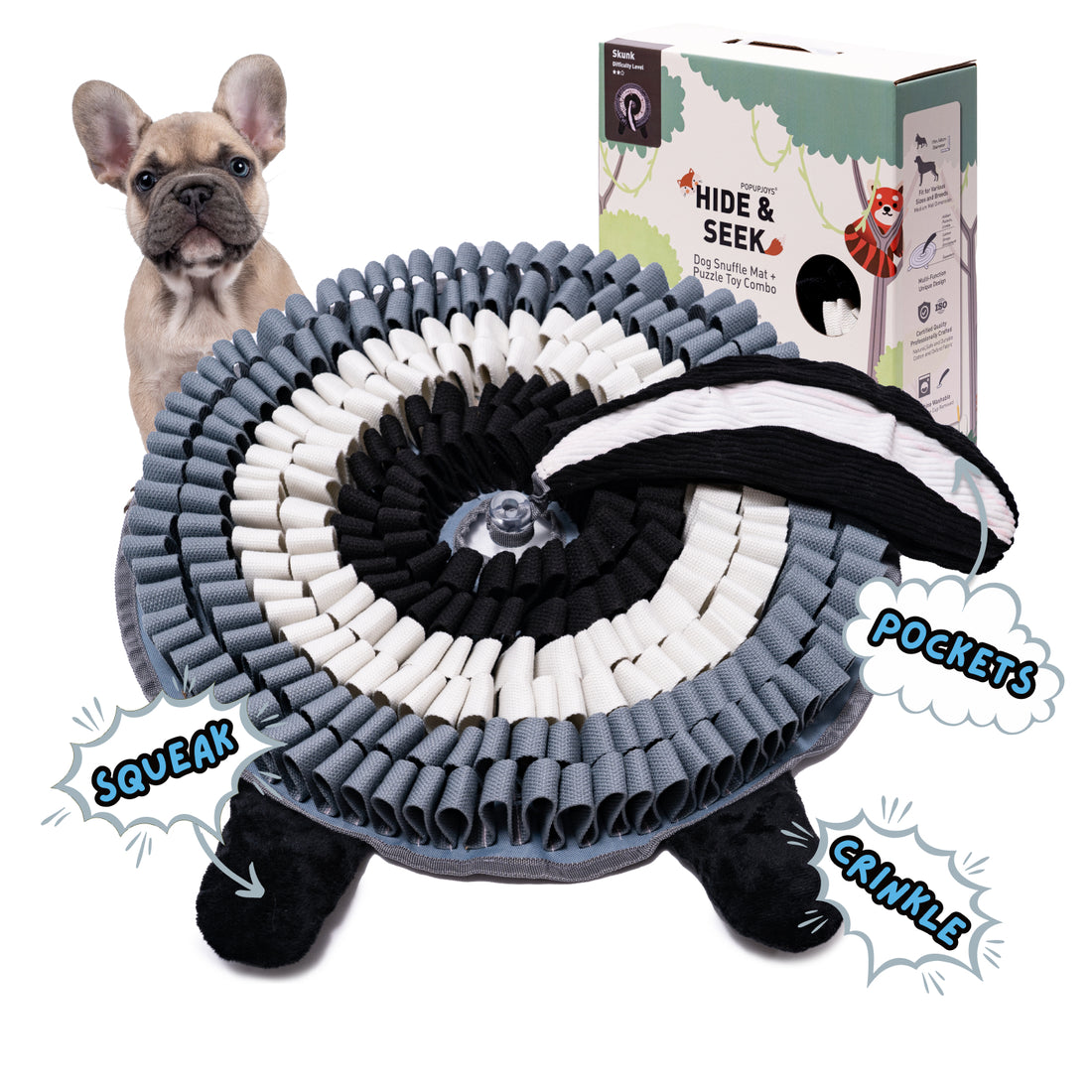 Black and gray skunk Hide and Seek snuffle mat with treat pockets squeaker legs and packaging beside small dog