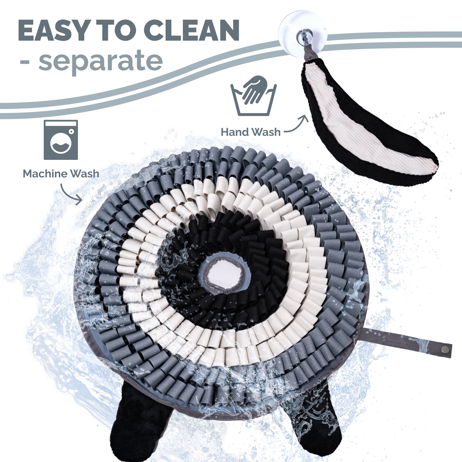 Skunk dog snuffle mat being rinsed with water showing washable enrichment toy design