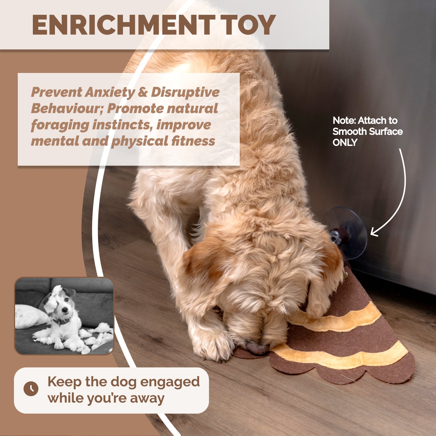 Dog interacting with detachable suction toy from turkey snuffle mat for enrichment while home alone