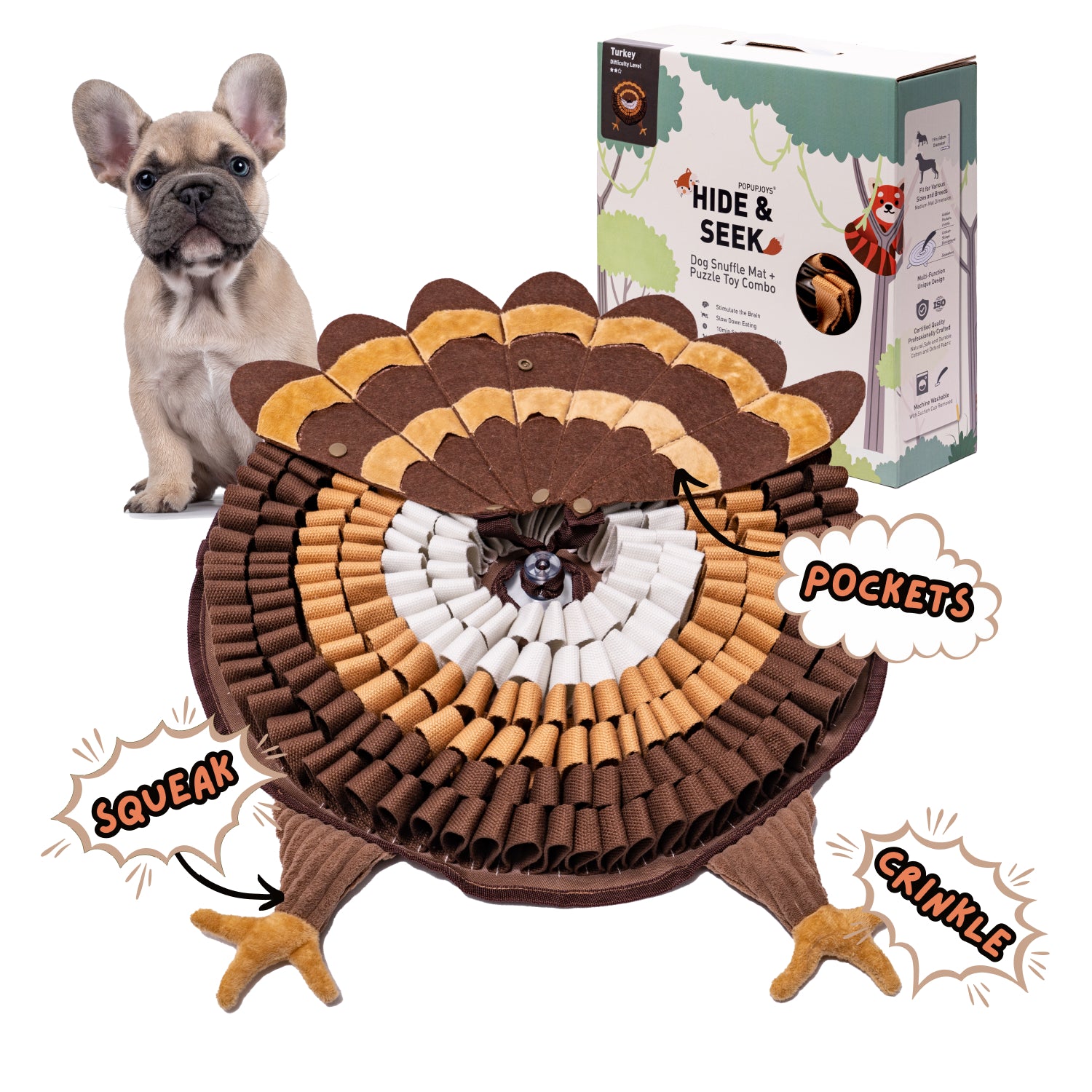 Brown turkey Hide and Seek snuffle mat with layered treat pockets squeaker legs and packaging beside small dog