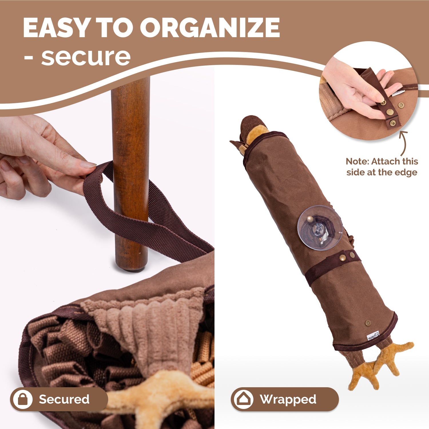 Turkey snuffle mat rolled and secured with strap showing compact storage and travel friendly dog enrichment toy