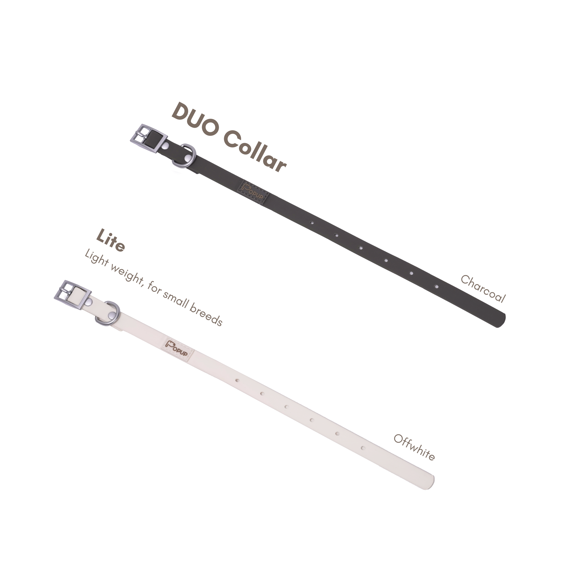 PoPupJoys DUO Lite slim waterproof dog collar in offwhite showing lightweight PVC design
