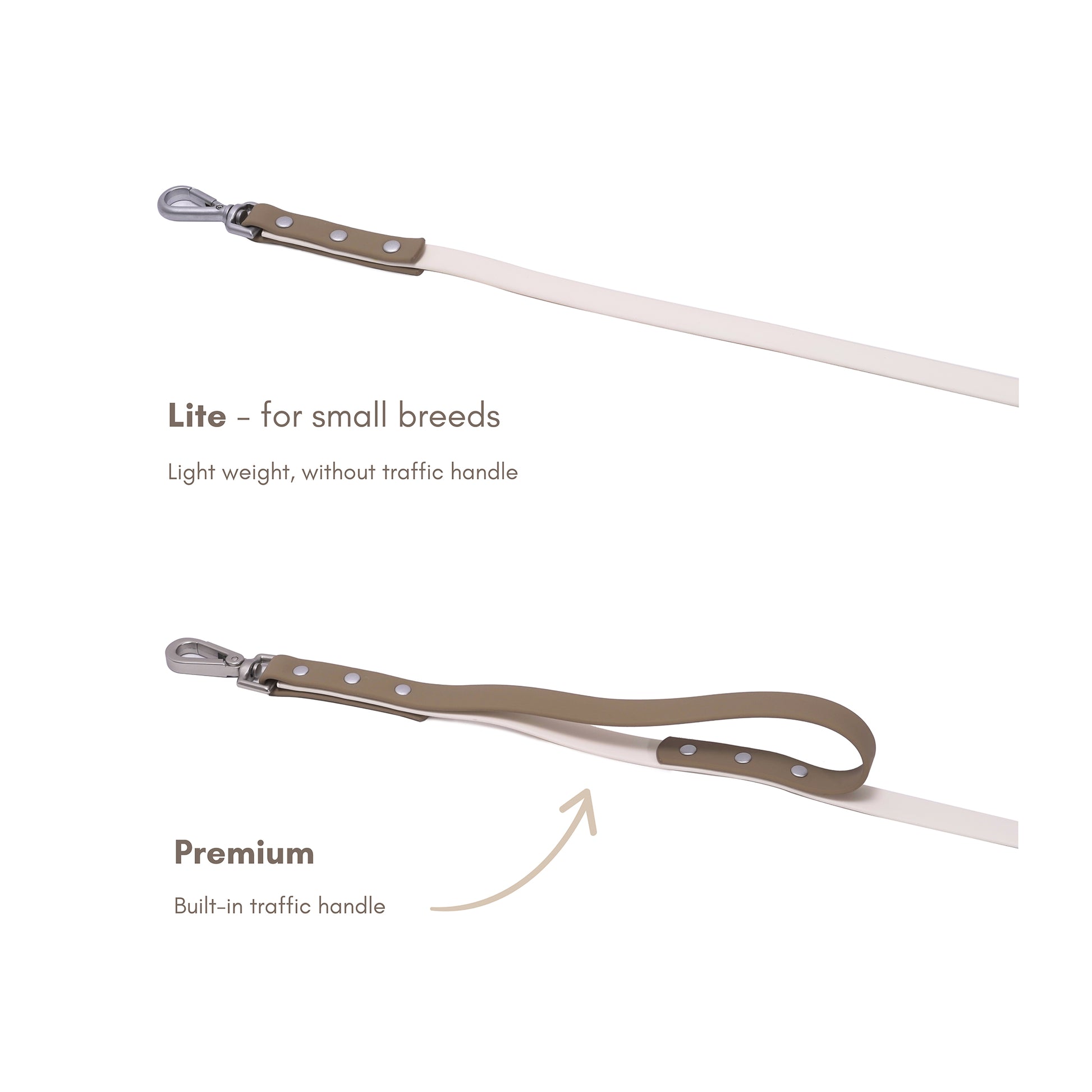 Slim lightweight dog leash for small dogs compared to premium leash with built in traffic handle