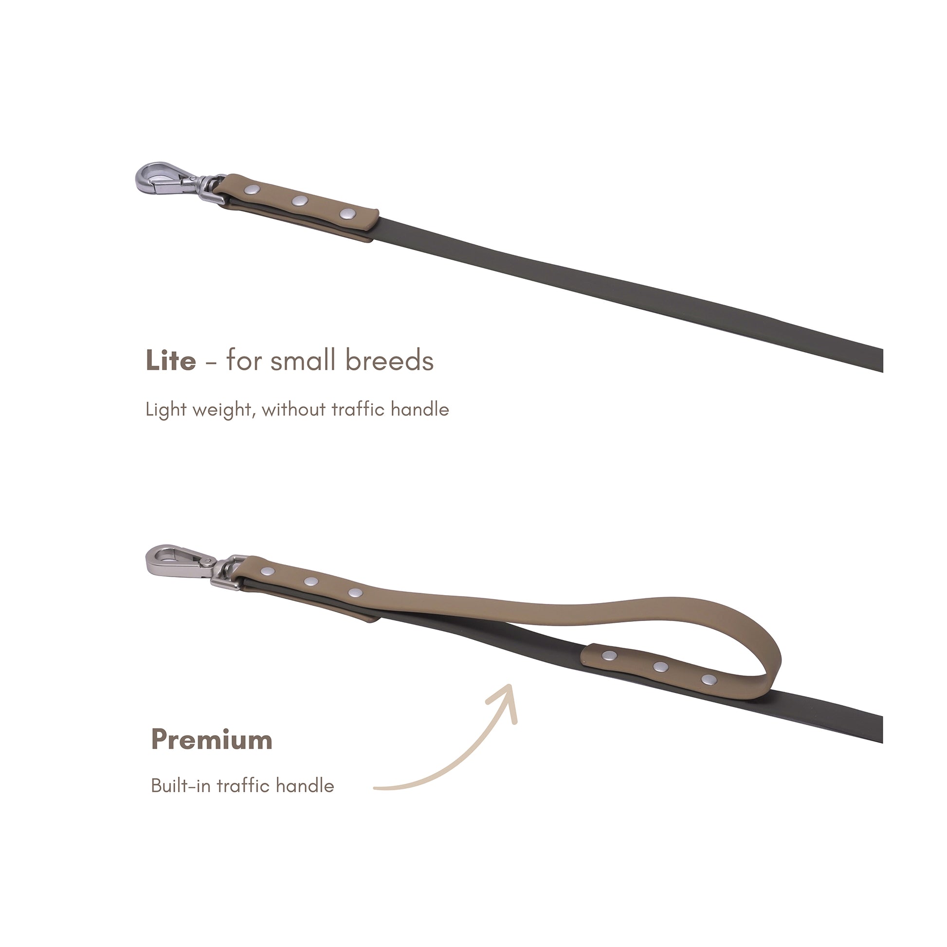 Slim lightweight dog leash for small dogs compared to premium leash with built in traffic handle