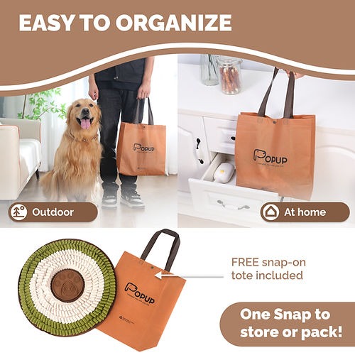 POPUPJOYS dog snuffle mat with included tote bag for convenient storage, travel, and organization