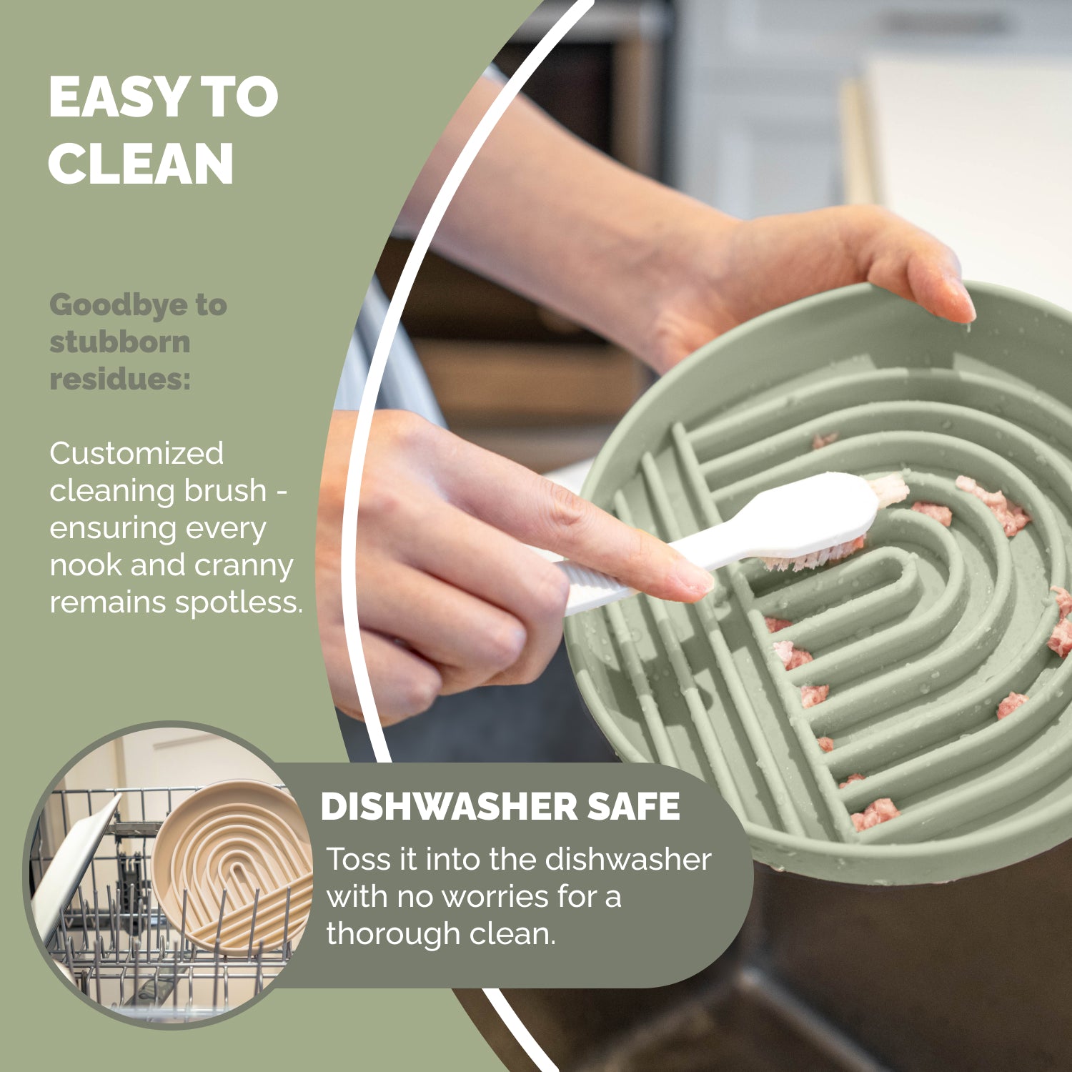 Dishwasher safe sage silicone slow feeder bowl cleaned with included brush