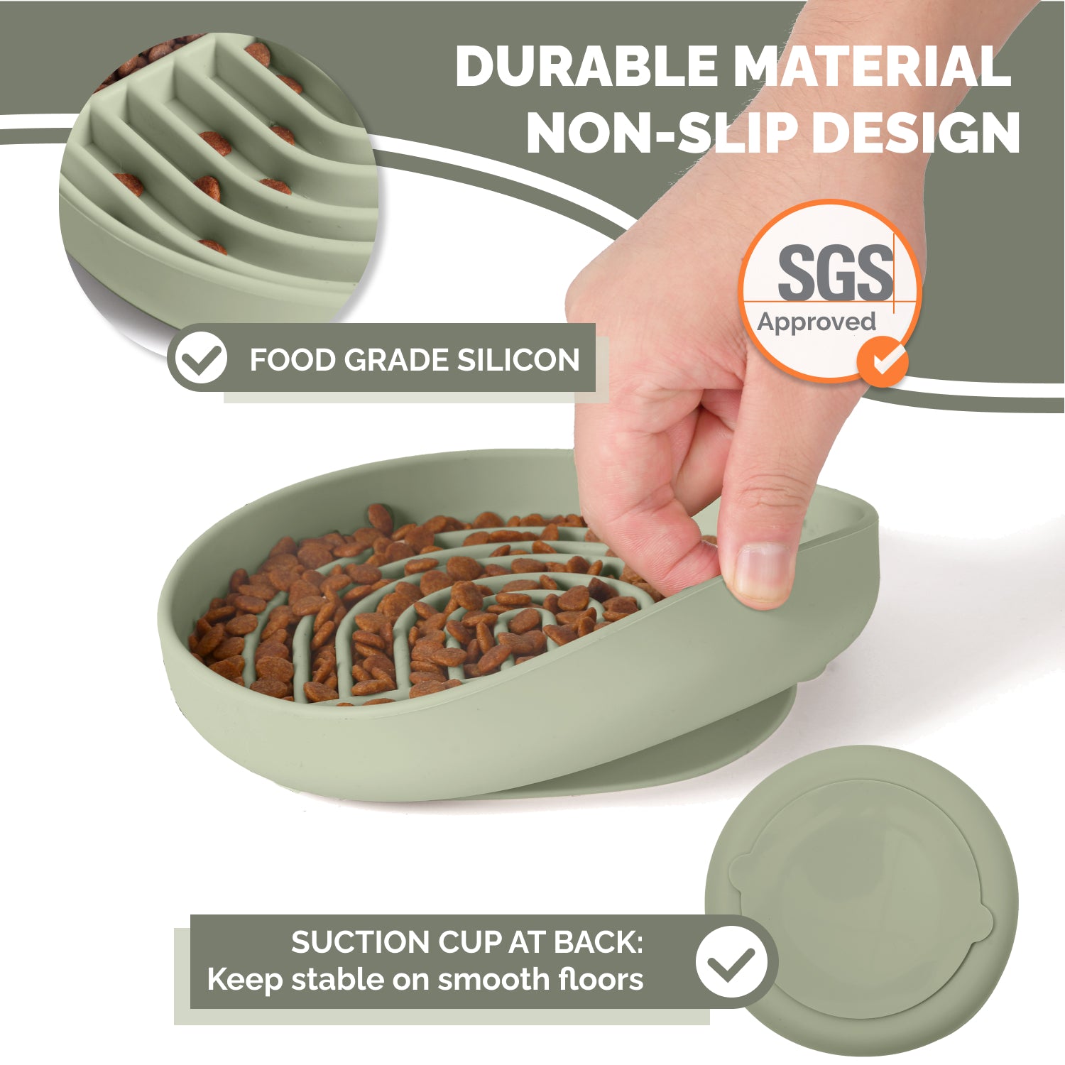Sage non-slip silicone slow feeder dog bowl with suction cup base