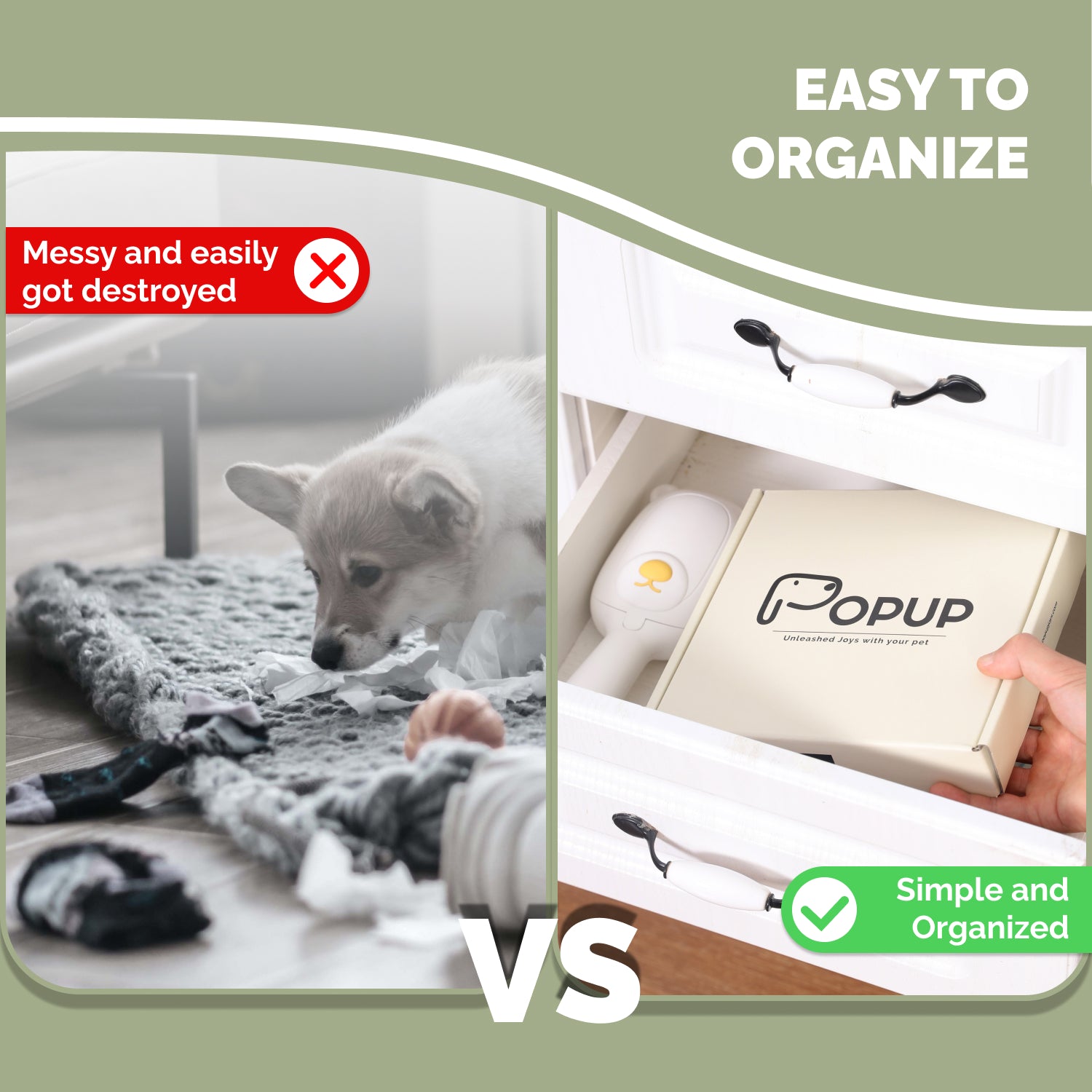 Popup pet supply box stored neatly in drawer beside pet scoop organizer