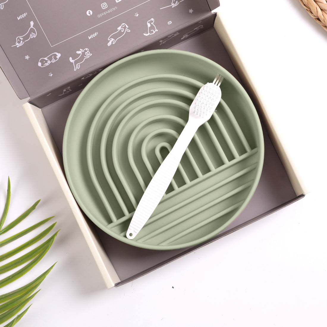 Sage silicone slow feeder dog bowl with cleaning brush in branded gift box
