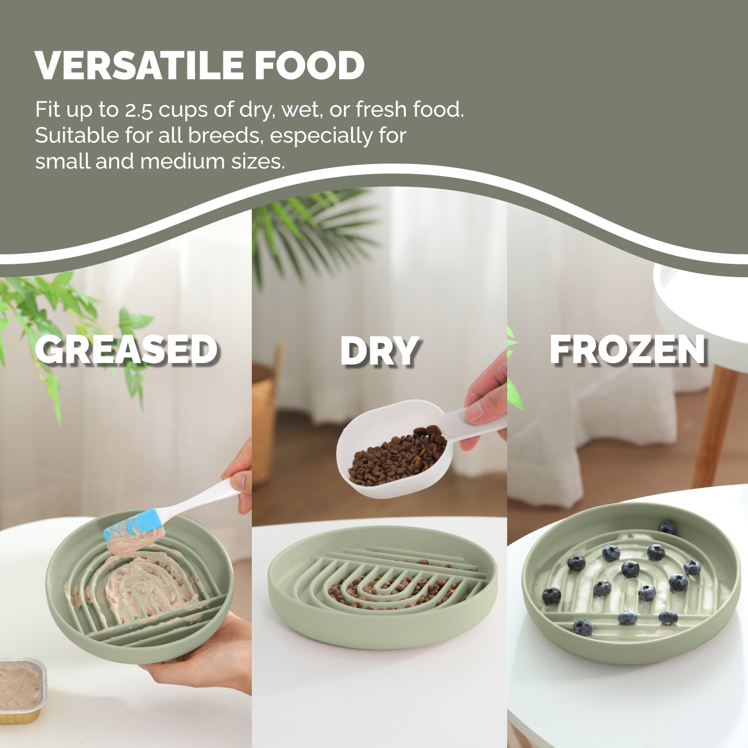 Sage silicone dog bowl for wet food, dry kibble, and frozen treats