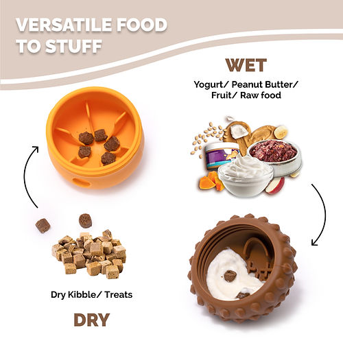 Acorn-shaped treat dispensing dog toy filled with dry kibble, yogurt, and dog treats for enrichment