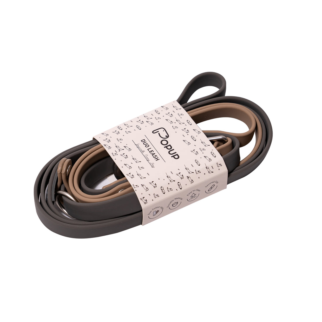 Coiled waterproof dog leash set with chrome clips and slim PVC webbing in neutral tones