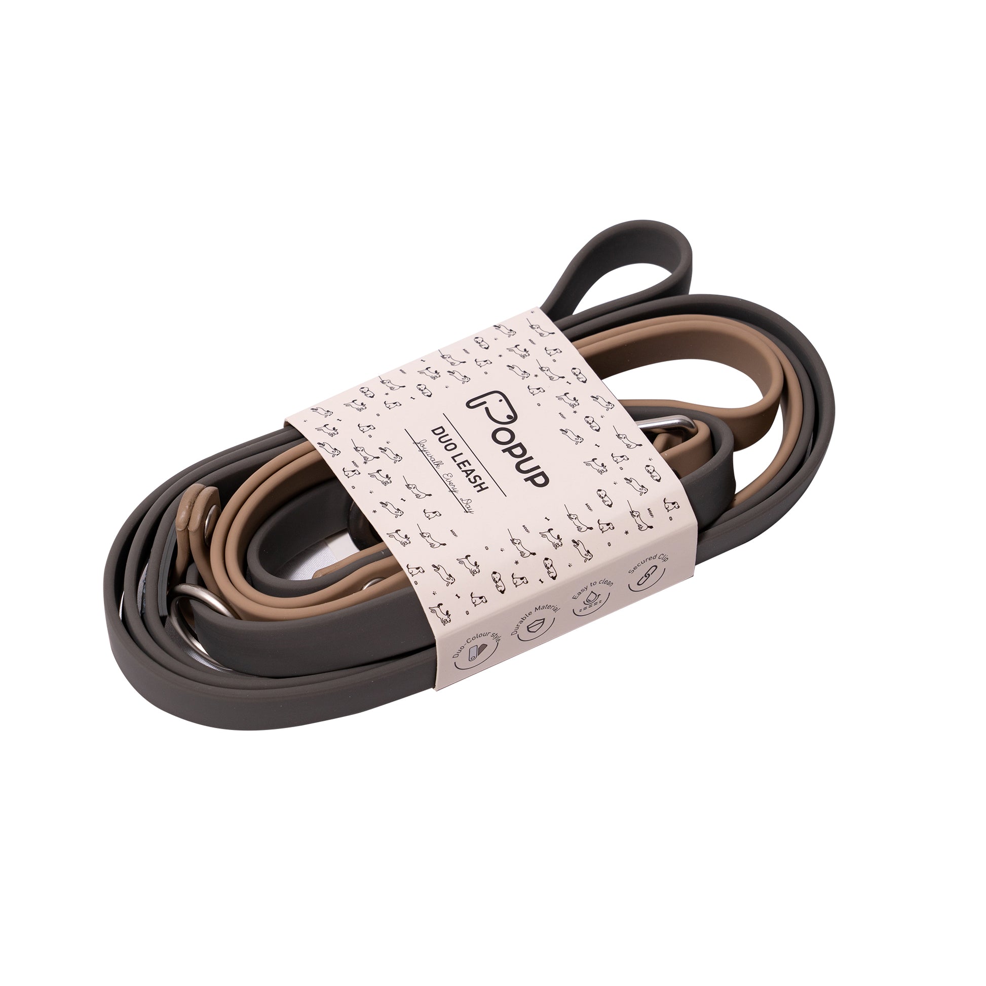 Coiled waterproof dog leash set with chrome clips and slim PVC webbing in neutral tones